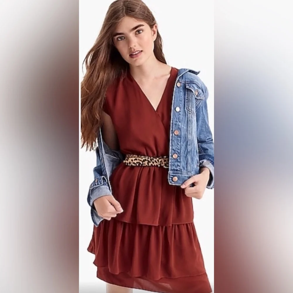 J.Crew Point Sur Popover Ruffle Dress in Burnt Umber/Sienna Brown Size 12 NWT